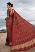 Ajrakh Red Mirror Work Saree – Natural Dye Handcrafted Saree from Kutch, Gujarat