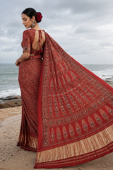 Ajrakh Red Mirror Work Saree – Natural Dye Handcrafted Saree from Kutch, Gujarat