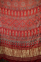 Ajrakh Red Mirror Work Saree – Natural Dye Handcrafted Saree from Kutch, Gujarat