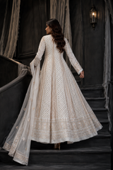 Handcrafted Lucknowi Chikankari Mirror Work & Gota Patti White Georgette Semi-Stitched Anarkali Suit Set for Women