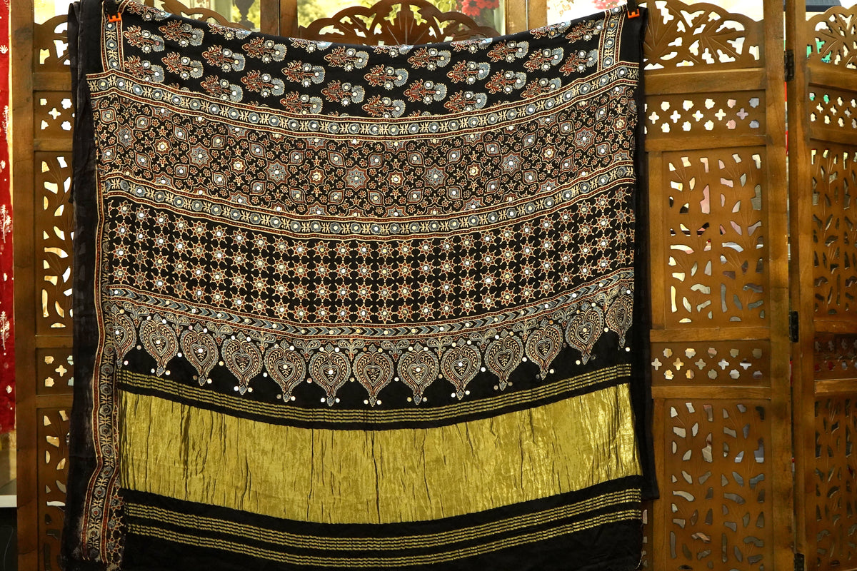 Ajrakh Black  Mirror Work Saree with Natural Dye – Kutch, Gujarat