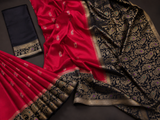Premium red and black Banarasi pure mulberry silk saree with pure silver zari border pallu and blouse