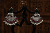Antique Silver-Tone Brass Elephant Motif Monalisa Stone Earrings with Pearl Beads