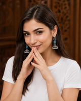 Silver-Tone Brass Monalisa Stone Jhumka Earrings with Pearl Beads –Jhumpa