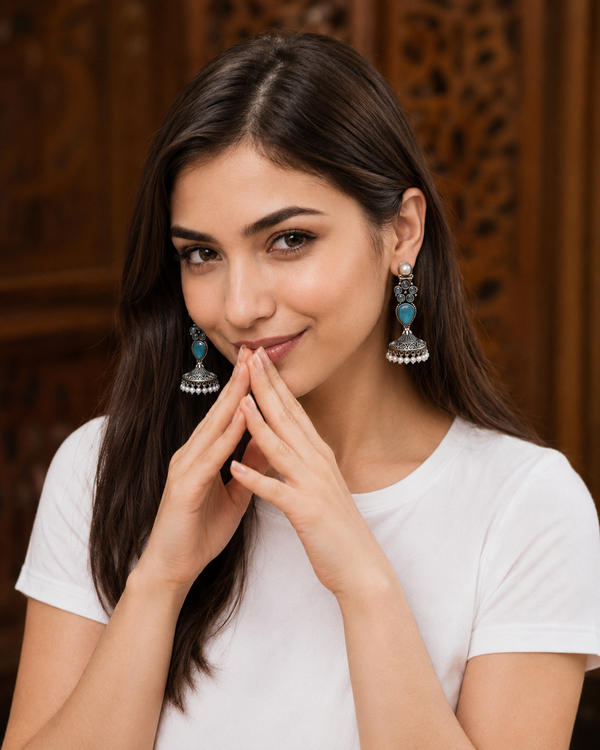 Silver-Tone Brass Monalisa Stone Jhumka Earrings with Pearl Beads –Jhumpa