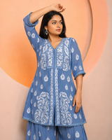Chikankari Premium Blue Modal Satin Afghani Kurta Pant Set | White Embroidery Ethnic Co-ord