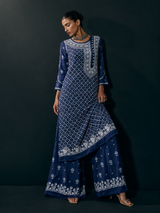 Premium Ink Blue Chikankari Modal Satin Fine Jaal Achkan Set | Kurta Pant Set for Women
