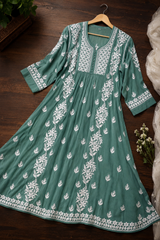 Chikankari-Premium Green Ghas Patti Crepe Long Frock Style Kurti | Lucknowi Embroidered Dress
