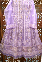 Chikankari Organza Lavender Anarkali-Dupatta with Cutdana Doh Tara wor-Semi stitched Suit