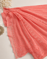 Premium Dark Peach Lucknowi Chikankari Pure Georgette Saree with Heavy Bead Work & Blouse
