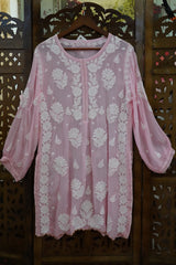 Chikankari Premium light pink crepe kurti pant set with white Ghas Patti floral embroidery