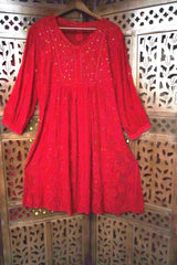Chikankari- Premium Red Fine Mukaish Work Georgette Afghani Kurta Pant Set