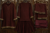 Chikankari-Meher Chocolate Brown Chikankari Mukaish Gharara Set with Dupatta