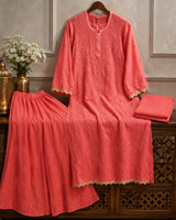 Chikankari Premium peach georgette  Mukaish long kurti gharara set with dupatta