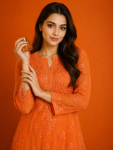 Premium Orange Chikankari Ghas Patti & Mukaish Georgette Suit Set with Slip & Dupatta | Festive Wear