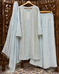 Lucknowi Party Wear-Premium Ice Blue Ombre Cutdana Chikankari Georgette Suit Set with Palazzo & Dupatta