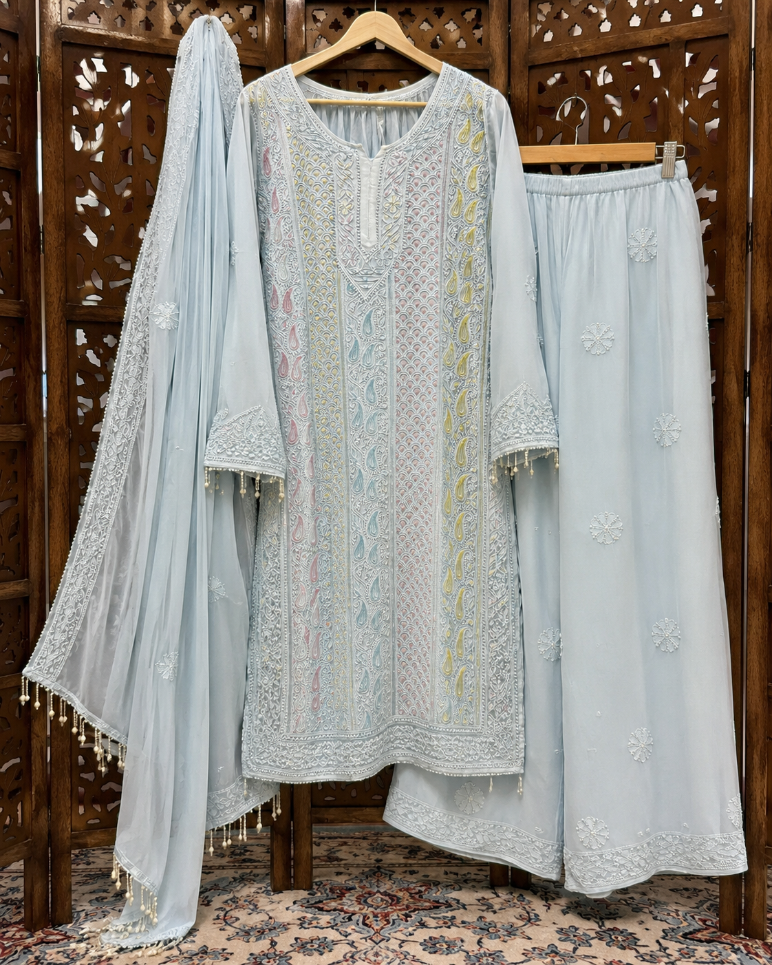 Lucknowi Party Wear-Premium Ice Blue Ombre Cutdana Chikankari Georgette Suit Set with Palazzo & Dupatta