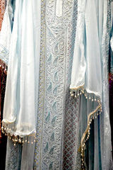 Lucknowi Party Wear-Premium Ice Blue Ombre Cutdana Chikankari Georgette Suit Set with Palazzo & Dupatta