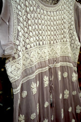 Dusty Mauve Lucknowi Chikankari Ambi Jaal Flared Frock Dress