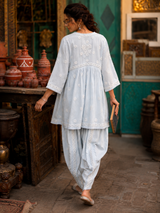 Ice Blue Lucknowi Ghas Patti Chikankari Short Frock Kurti with Afghani Bottom Set