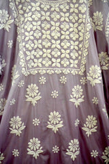 Lavender Purple Lucknowi Chikankari Ghas Patti Floral Jaal & Buti Short Kurti with Afghani Salwar Set