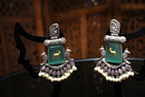 Antique Silver-Tone Brass Monalisa Stone Peacock Statement Earrings with Pearl Drops