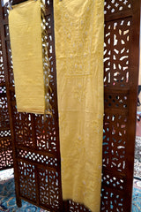 Handcrafted Lucknowi Chikankari Bead Work Yellow Mul Chanderi Unstitched A-Line Kurti with Dupatta for Women