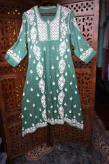 Chikankari-Premium Green Ghas Patti Crepe Long Frock Style Kurti | Lucknowi Embroidered Dress