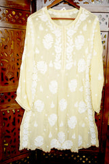 Chikankari Ghass Patti Work Crepe Silk Yellow Suit Set