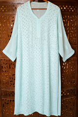 Chikankari Firozi Resham Jaal Kurti with Chikankari White Pant