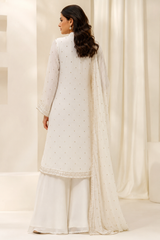 Handcrafted Lucknowi Chikankari Cutdana, Bead & Gota Patti Work White Georgette Semi-Stitched A-Line Suit Set for Women