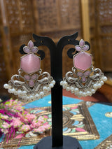 Pink Silver Kashmiri Style Pearl Dangler Earrings