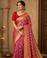 Pink & Red Bandhej Pure Georgette Saree – Jamnagar
