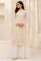 Handcrafted Lucknowi Chikankari Cutdana, Bead & Gota Patti Work White Georgette Semi-Stitched A-Line Suit Set for Women