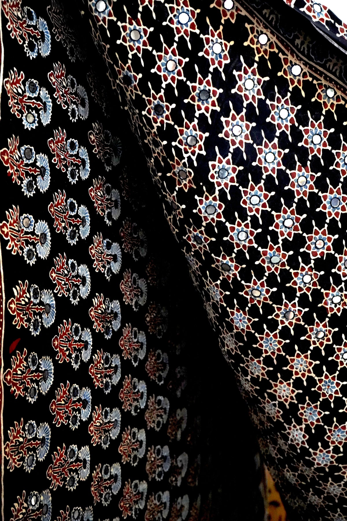 Ajrakh Black  Mirror Work Saree with Natural Dye – Kutch, Gujarat