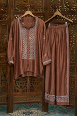 Handcrafted Lucknowi Chikankari Mukaish Work Brown Mul Chanderi Unstitched Co-ord Set for Women