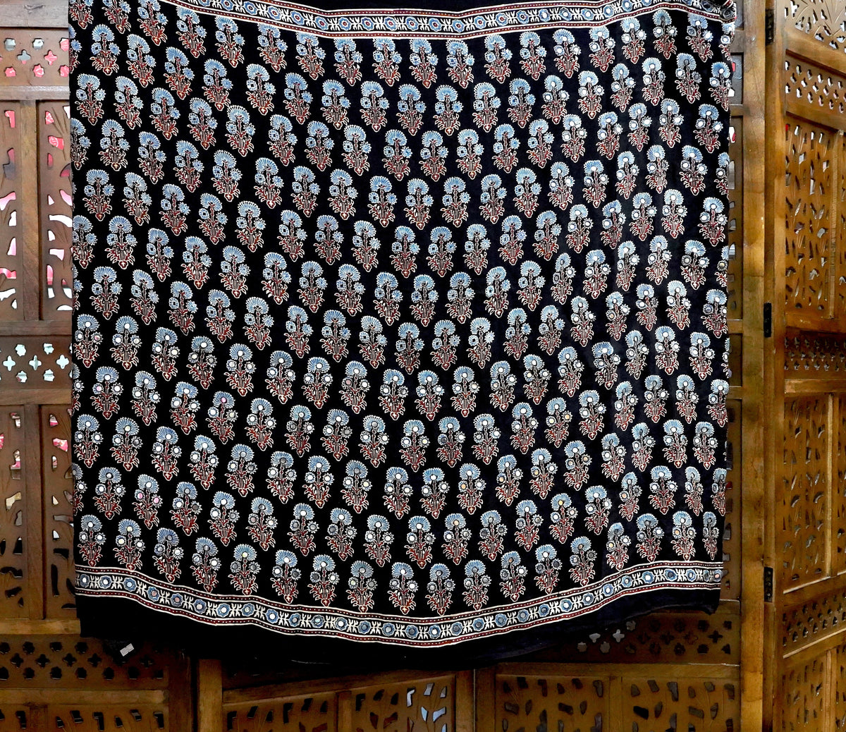 Ajrakh Black  Mirror Work Saree with Natural Dye – Kutch, Gujarat