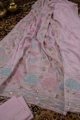 Chikankari- Premium Pink Georgette Unstitched Suit with Bead, Zari & Cutdana Work + Dupatta