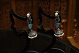 Silver-Tone Brass Monalisa Stone Jhumka Earrings with Pearl Beads –Jhumpa