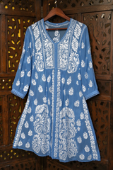 Chikankari Premium Blue Modal Satin Afghani Kurta Pant Set | White Embroidery Ethnic Co-ord