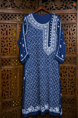Premium Ink Blue Chikankari Modal Satin Fine Jaal Achkan Set | Kurta Pant Set for Women