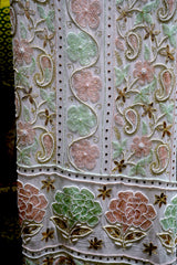 Handcrafted Lucknowi Chikankari Cutdana, Bead & Gota Patti Work White Georgette Semi-Stitched A-Line Suit Set for Women