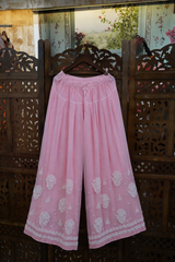Chikankari Premium light pink crepe kurti pant set with white Ghas Patti floral embroidery