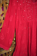 Chikankari- Premium Red Fine Mukaish Work Georgette Afghani Kurta Pant Set