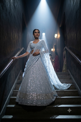 Premium Light Blue Heavy Chikankari Lehenga Set in Pure Georgette with Cutdana, Sequin & Bead Work | Blouse, Dupatta & Complimentary Belly Chain