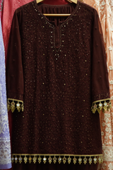 Chikankari-Meher Chocolate Brown Chikankari Mukaish Gharara Set with Dupatta