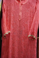 Chikankari Premium peach georgette  Mukaish long kurti gharara set with dupatta