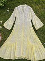 Handcrafted Lucknowi Style- Premium Brown Ghas Patti Chikankari Pure Crepe Kaftan