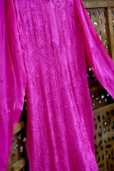 Fuchsia Pink Short Kurti with Sharara, Slip & Dupatta – Resham Jaal Chikankari Work