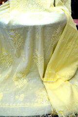 Handcrafted Lucknowi Chikankari Bead Work Yellow Mul Chanderi Unstitched A-Line Kurti with Dupatta for Women